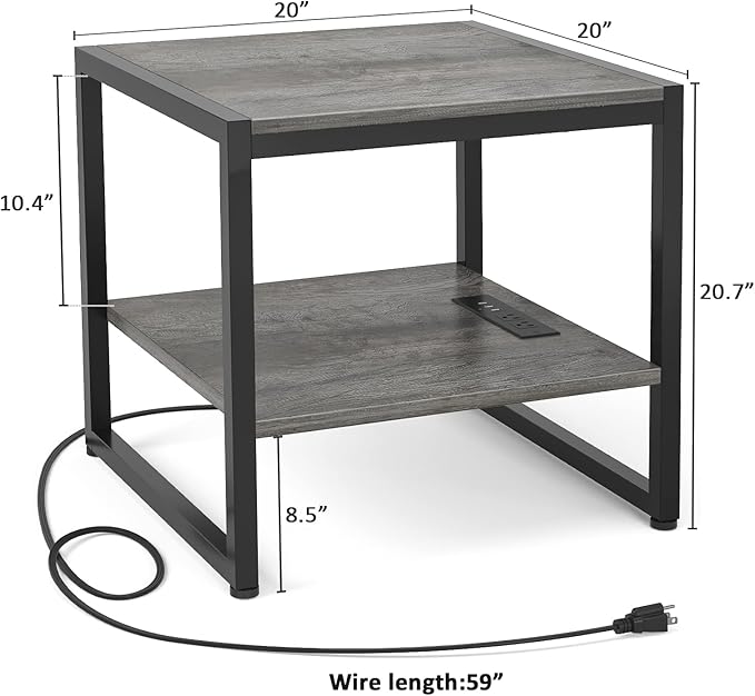 Homieasy End Table with Charging Station, 20 Inch Mini Fridge Stand with 2-Tier Open Shelf, Square Bedside Nightstand & Sofa Side Table for Small Spaces, Grey - 2 Pack