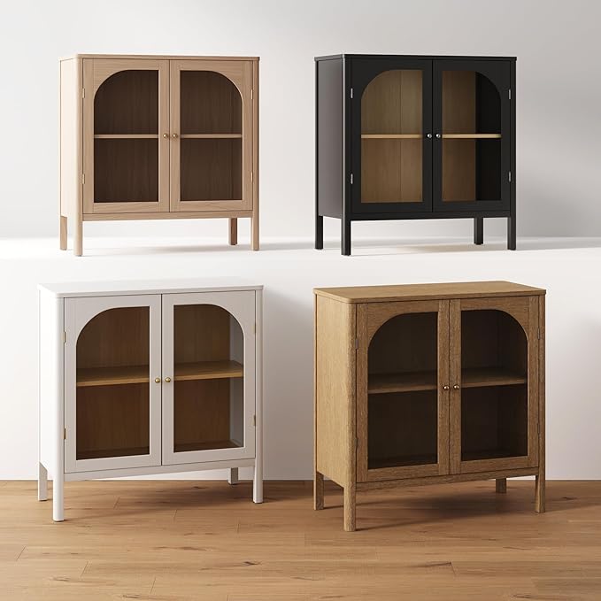 Nathan James Mason Modern Farmhouse TV Stand, Free Standing Accent Sideboard Buffet, Cabinet with Glass Doors and Adjustable Shelf, Clear Glass/Raw Oak Set of 4