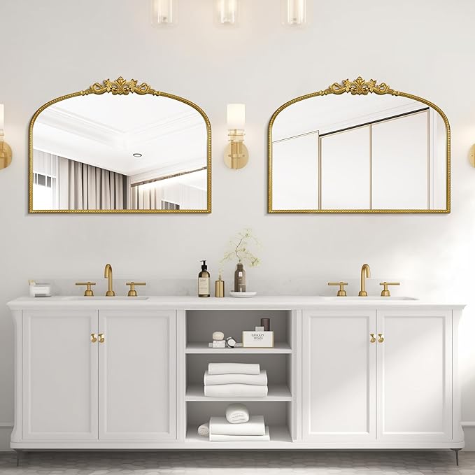 WallBeyond Gold Vintage Mirror - 32x24 Inch, Arched Antique Mirror with Ornate Frame for Bathroom, Living Room, Fireplace, Entryway