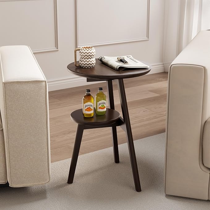 Small End Table Round End Table,Solid Wood Round Side Table with Lower Shelf，Nightstand for Small Spaces,Living Room,Bedroom(Deep Walnut)