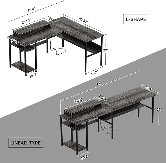 Unikito Reversible L Shaped Desk with Power Outlets and RGB LED Light, Sturdy Computer Desk with Ergonomic Monitor Stand and Storage Shelves, Corner Desk for Home Office, Easy Assembly, Black Oak