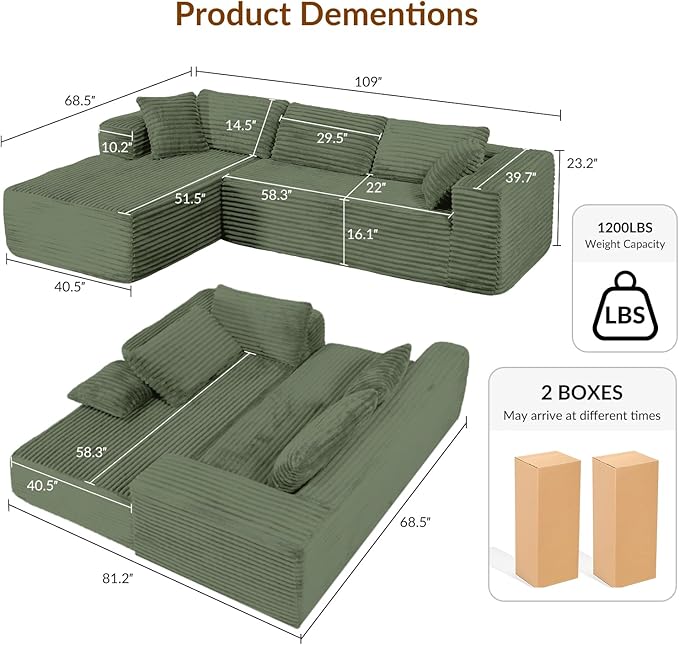 COMHOMA 105”Modular Sectional Sofa with Deep Seat,Cloud Upholstered L-Shape Couch Wide Arms Corduroy Fabric High-Density Foam Chaise Lounge for Living Room No Assembly Required