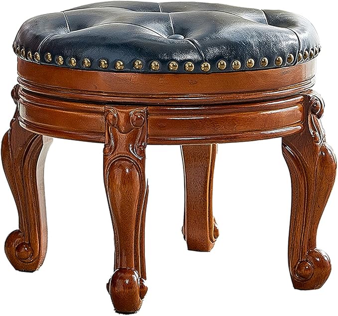 Solid Wood Foot Stool Round Ottoman Mid-Century Footrest Sofa Stool with Microfiber Leather Cushion for Living Room, Bedroom, Entryway (Dark Blue)