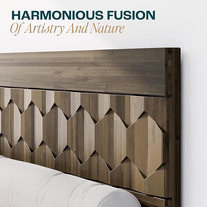 Bme Georgina King Size Bed Frame and Headboard, Signature Handcrafted Geometric, US Patent Pending Design, Solid Wood, No Box Spring Needed, 12 Strong Wood Slats Support, Easy Assembly, Mocha