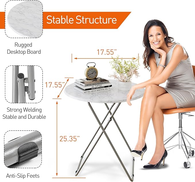 TV Tray Table, Round Folding Table, Foldable Snack Tray for Eating, Small Folding Table Set of 2, Dinner Table for Couch, Living Room, Small Space (White Marble, 2Pcs)