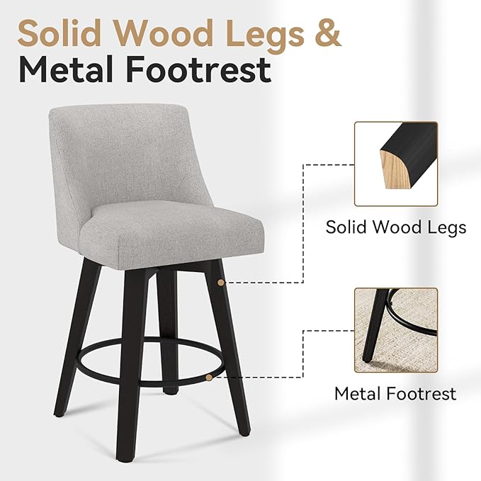 26.8 Inch Counter Height Bar Stools with Back, Swivel Bar Stools Set of 2, Modern Kitchen Barstools with Footrest, Linen Upholstered Bar Chairs, Solid Wood Legs for Island, Pub, Light Grey