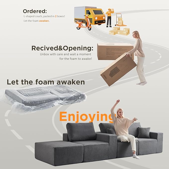 INGEROOM 108" Cloud Sectional Couch, Modular Sectional Sofa with L-Shaped Chaise, Modern Plush Corduroy Couch for Living Room Bedroom, No Assembly Required, Deep Seating Floor（Dark Gray）