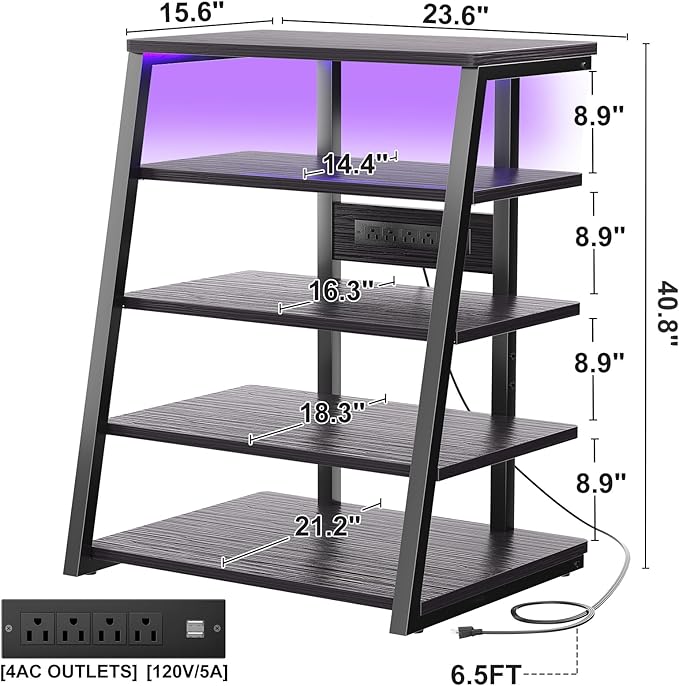 Armocity 5-Tier AV Media Stand with Power Strips, Media Console with LED Lights, Audio Tower Rack with Adjustable Shelves, Stereo Stands and Racks, 40.8'', Black Ebony