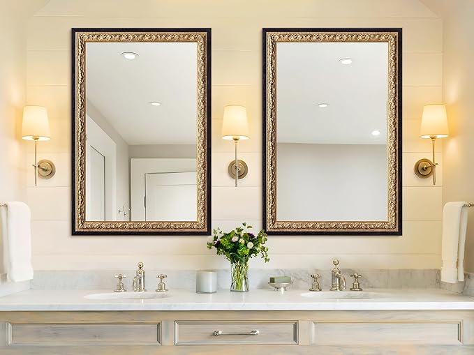 Gold Vintage Mirror 40”x28”, Black Gold Decorative Mirror with Gold Foil Flower Petal Carvings Wooden Frame for Luxe Living Room, Entryway, Bathroom and Bedroom