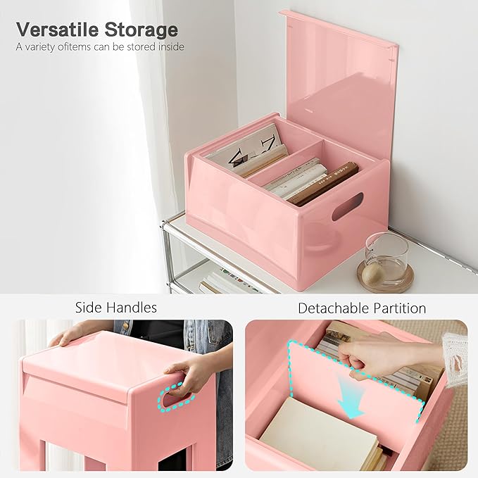 Nightstand Bedside with Storage Space, Multifunctional Colorful Plastic End Table Small Side Table for Bedroom, Dorm and Small Spaces, Easy Assembly(14.7" D x 11.8" W x 15.8" H, Pink)