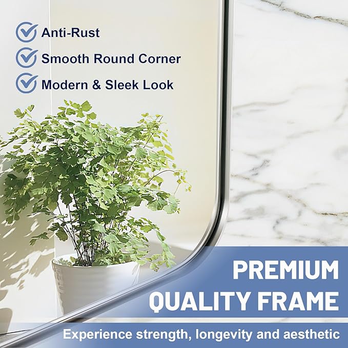 Brushed Nickel Bathroom Mirror, 24x40 Rounded Rectangle Mirror Modern Bathroom Vanity Mirror with Rustproof Alloy Aluminum Frame, Wall Mounted Vertically/Horizontally