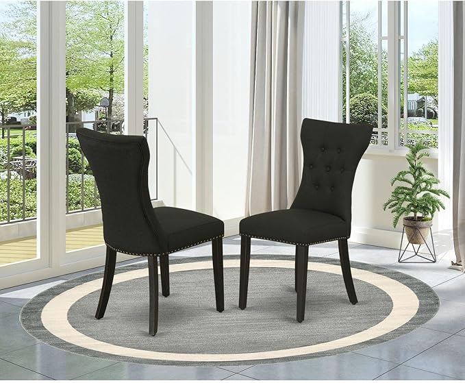 East West Furniture GAP1T24 Gallatin Parsons Dining Chairs - Button Tufted Nailhead Trim Black Linen Fabric Upholstered Chairs, Set of 2, Black