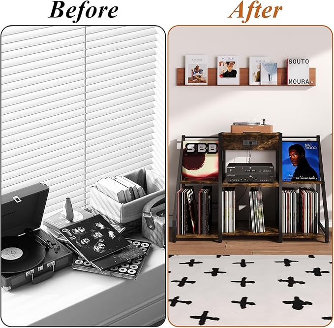 Large Record Player Stand Vintage Record Stand-Large Vintage Record Player Table with Power Outlet and LED Light,Record Storage Rack with Vinyl Display Shelf for Up to 300 Albums