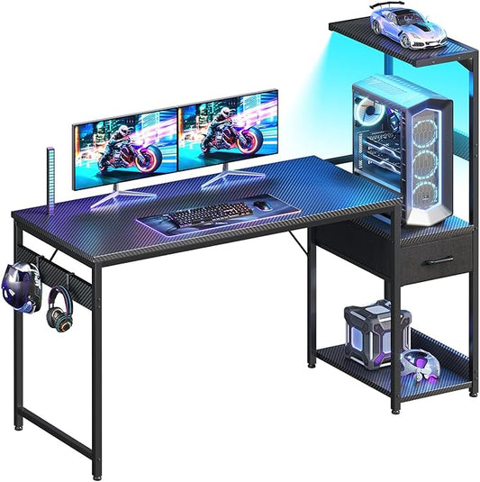 Casaottima 54 Inch Gaming Desk with Storage & LED Lights, Reversible Computer Desk with Display Shelves & Fabric Drawer, Modern Gamer Desk Table with Side Headphone Hook, Carbon Fiber Black