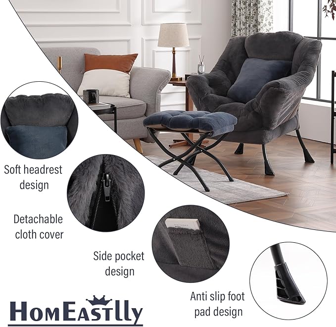 Lazy Chair with Ottoman, Reading Chair with a Pillow, Leisure Sofa Armchair with Ottoman, Large Accent Lounge Chair for Bedroom, Living Room, Dorm Room, Plush Blue-Gray