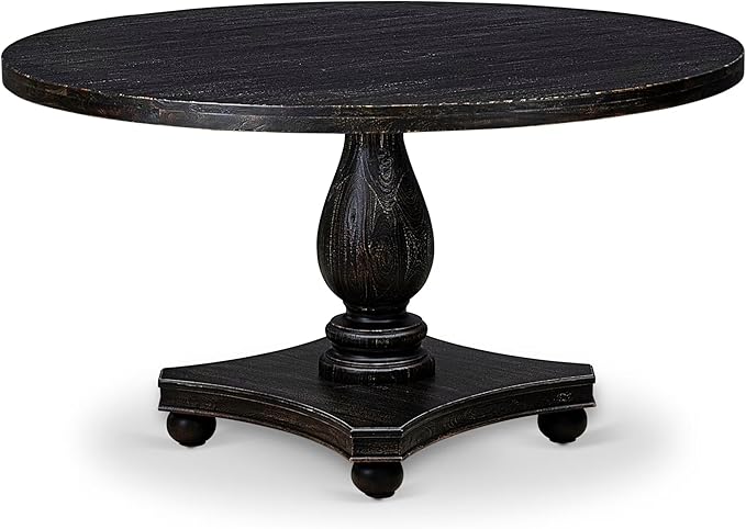 I52-11-TP Wooden Breakfast Table with Acacia Wood Round Tabletop and Stylish Pedestal Base - Sand Blasted Black Finish