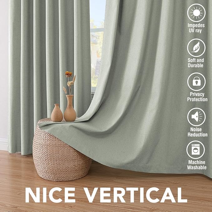 H.VERSAILTEX Linen Blackout Curtains 45 Inches Long 100% Absolutely Blackout Thermal Insulated Textured Linen Look Curtain Draperies Anti-Rust Grommet, Energy Saving with White Liner, 2 Panels, Sage