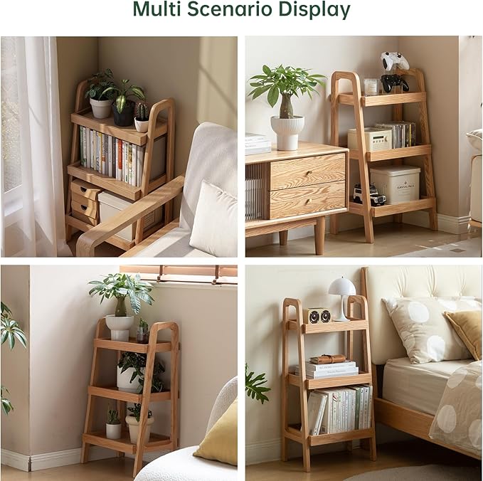 100% Solid Oak 3 Tier Ladder Shelf for Saving Space, Tall Nightstand with Stable Frame for Bedroom, Small Side Table for Living Room Office(Natural, 13.4" L x 25.6" W x 36.2" H)