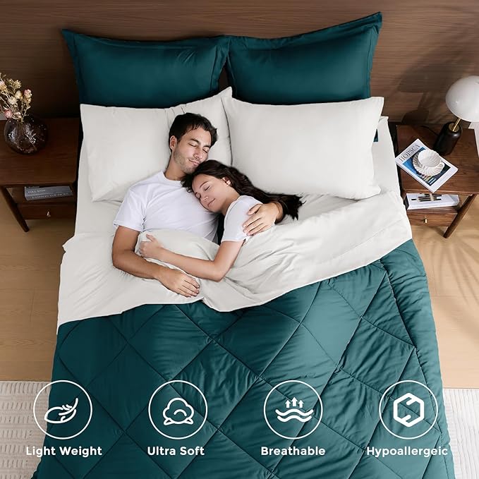 HEVUMYI Queen Comforter Set - 7-Piece All Season Bed in a Bag Queen, Ultra Soft Bedding Set with Comforter, Flat Sheet, Fitted Sheet, Pillowcases, Pillow Shams, Peacock Blue & Ivory