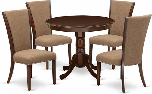 East West Furniture ANVE5-MAH-47 5 Piece Kitchen Table & Chairs Set Includes a Round Dining Room Table with Pedestal and 4 Light Sable Linen Fabric Parsons Chairs, 36x36 Inch, Linen White