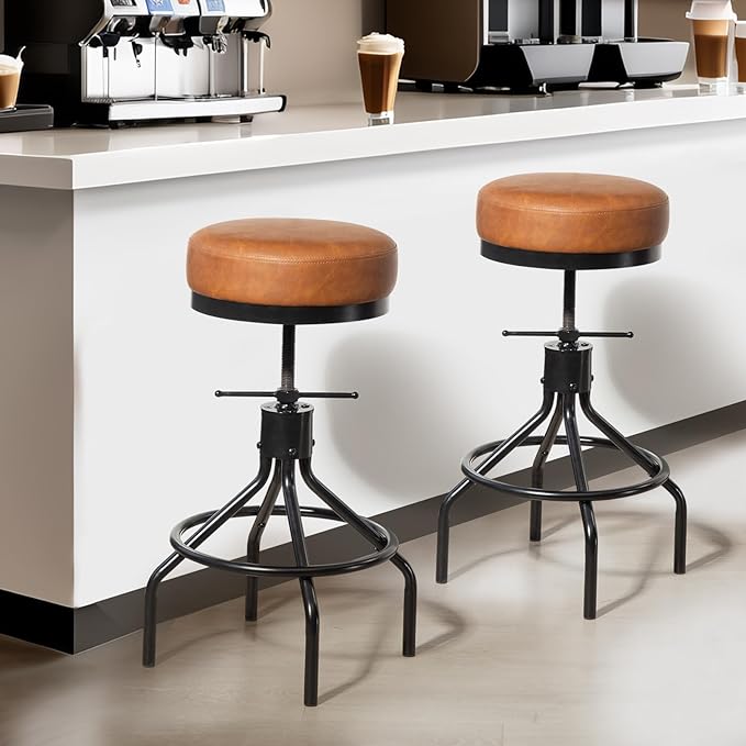 Industrial Bar Stools Set of 2 Adjustable Swivel Round Barstools Modern PU Leather 28inch Backless Counter Height Stool Metal Bar Chair for Kitchen Island (2, Brown)