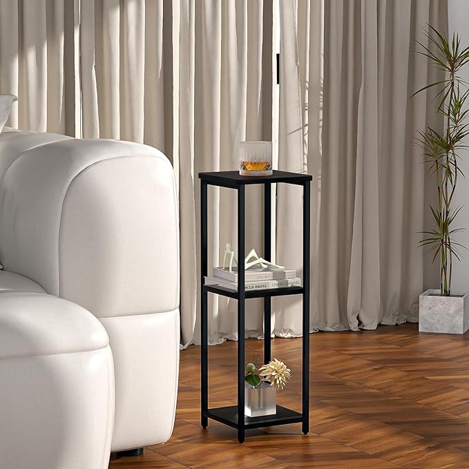 10" Wide Square Drink Table with Adjustable Feet - 3-Tier Small Side Table for Apartments, Balcony & Office | Space-Saving, Lightweight & Multi-Functional (Plants, Books, Drinks,Black)