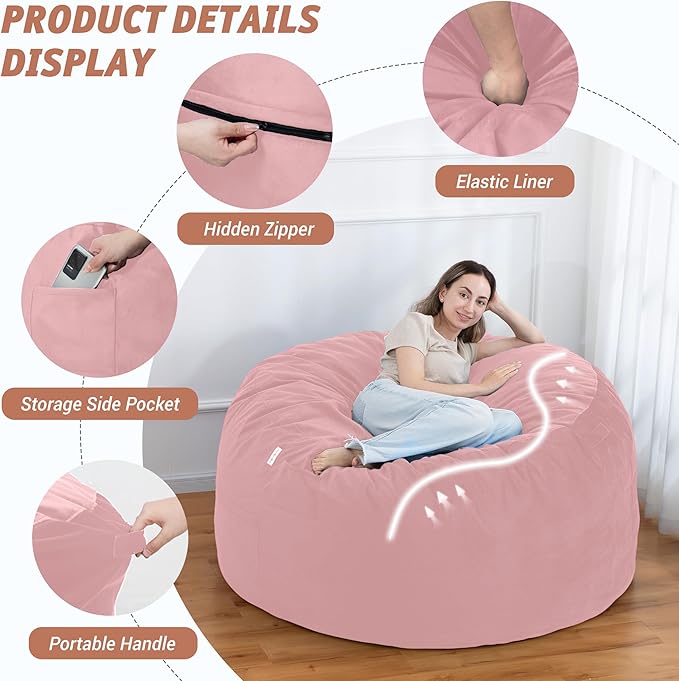 5FT Bean Bag Chair with Ultra Soft Velvet Cover Bean Bag Sofa with Memory Foam Bean Bag Chairs with Large Size Lazy Sofa for Dorm Office Living Room Bedroom Light Pink 5'