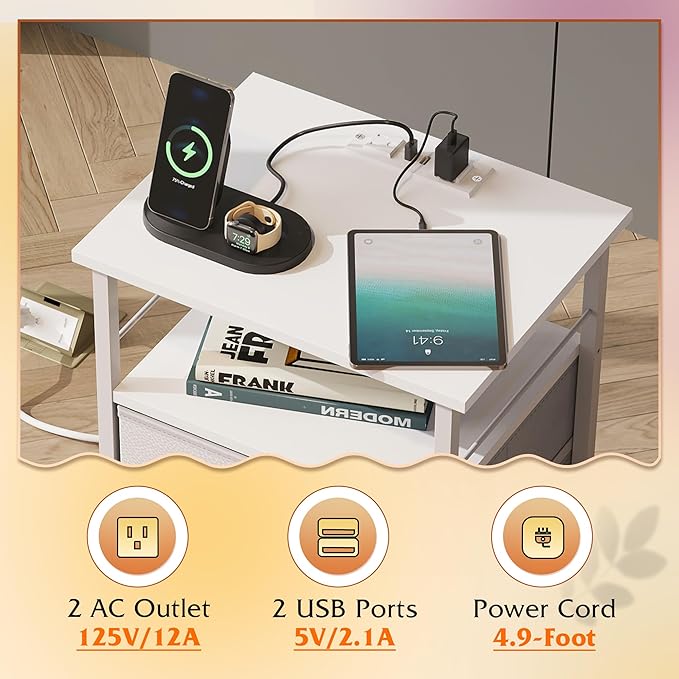 WLIVE Night Stand Set 2, White Nightstand with Charging Station, Nightstands for Bedroom Set of 2, Bedside Tables, Side Table with 2 Fabric Drawers, Small Dresser with USB Ports and Outlets