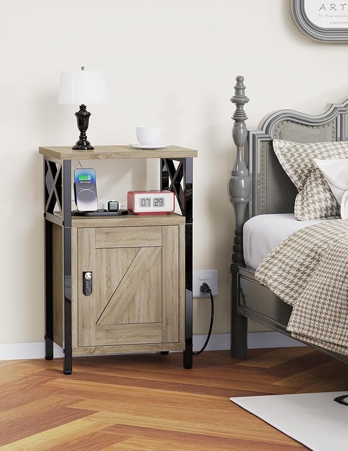 Wooden Nightstand with Lock, Bed Side Table with Drawers, Bedside Table with Charging Station, 3 USB & 2 Outlets, Night Stand with Storage, End Tables for Living Room, Bedroom, Greige