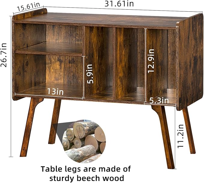 Lerliuo Record Player Stand with 4 Cabinet Holds Up to 220 Albums, Large Turntable Stand with Beech Wood Legs, Mid-Century Record Player Table,Retro Brown Vinyl Holder Storage for Bedroom Living Room