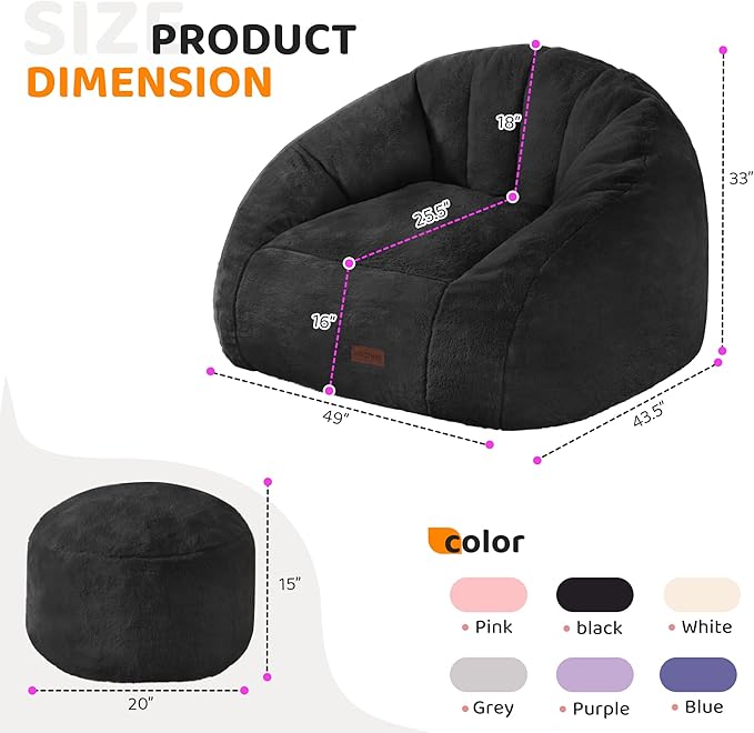 HABUTWAY Bean Bag Chair, Giant Bean Bag Chairs for Adults with Ottoman, Comfy Faux Fur Shell-Shaped Bean Bag Couch, Sofa Chair for Living Room, Bedroom, Black