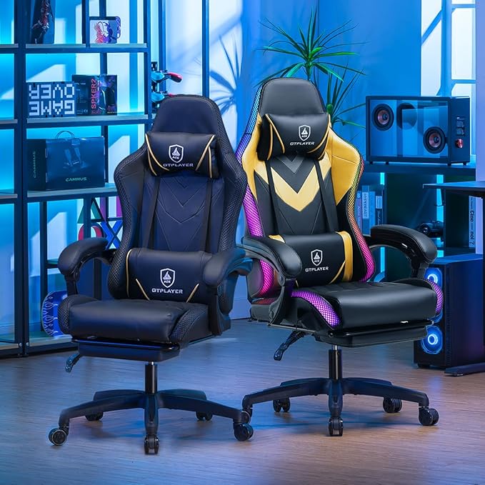 GTPLAYER Gaming Chair, RGB Gaming Chairs with LED Lights, Video Gaming Chair for Adults, Ergonomic Computer Gaming Chair with Linkage Armrest, Reclining Chair with Headrest (Without Massage, Yellow)
