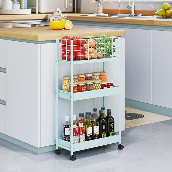 KINGRACK 3-Tier Rolling Utility Cart with Wheels, Metal Slim Storage Cart, Multifunctional Storage Organizer, Rolling Storage Cart for Kitchen, Office, Bathroom, Narrow Place, Mint Green