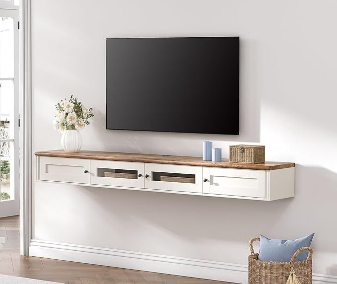 WAMPAT Floating TV Stand for TVs up to 80 Inches, Wooden Wall-Mounted TV Shelf with Charging Station, Modern Floating Entertainment Center for Living Room Decor, White