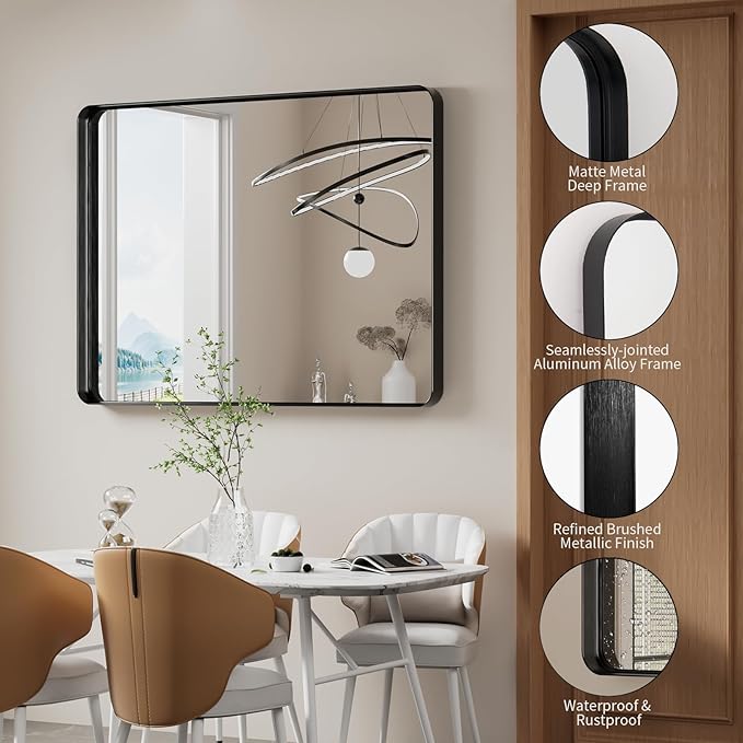 Koonmi Black Wall Mirror for Bathroom, 30x48 Inch Matte Deep Framed Rounded Rectangle Vanity Mirror for Farmhouse Living Room, Tempered Glass, Anti-Rust, Vertically or Horizontally
