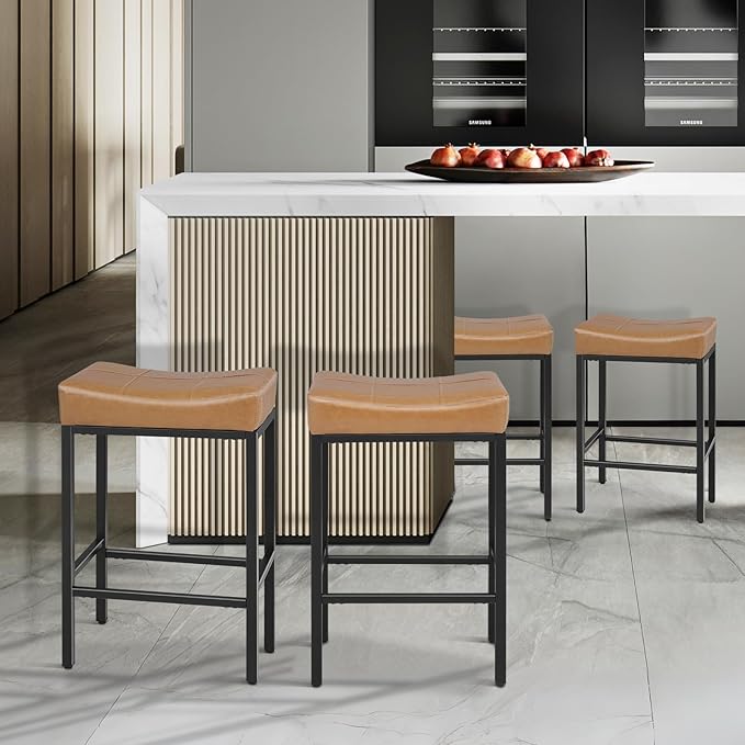 Athena Collection Counter Height Bar Stools Set of 2, 31.5 Inches Saddle Bar Stools with Leather Upholstered and Metal Legs, Backless Barstools for Counter, Kitchen Island, Dining Room, Brown