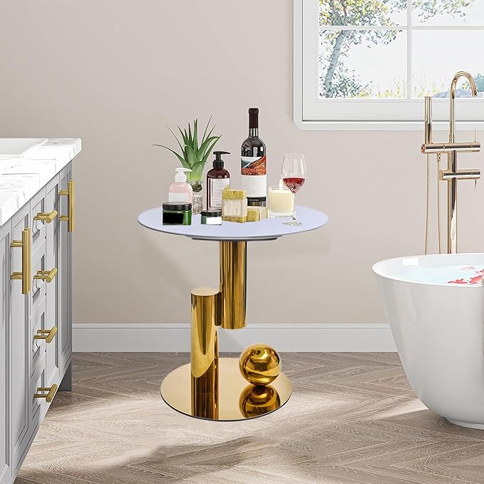 White Gold Round Side Table, 19.7" Faux Marble Sofa End Table, Modern Nightstand, Small Accent Table with Stainless Steel Ball/Cylindrical Frame, for Living Bedroom Office (Gold, 50cm/19.7")