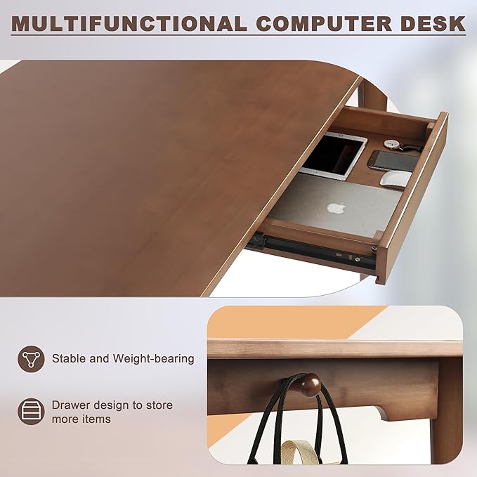 47" Bamboo Computer Desk Study Desk Home Office Desk Writing Table with Drawer, Modern Study Solid Bamboo Multipurpose Table, for Living Room, Bedroom, Walnut Color