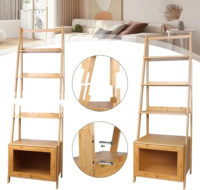 5-Tier Bamboo Ladder Bookshelf with Flip-Up Storage Cabinet - Large Capacity Mid Century Modern Bookcase, Space Saving Accent Furniture Open Display Rack Shelf for Bedroom Living Room Home Office