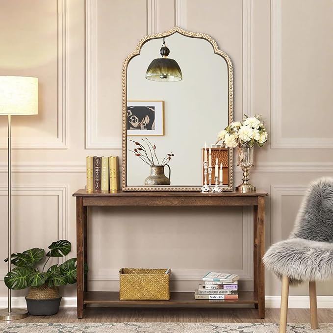 Gold Arch Mirror, 24"x36" Arched Vanity Mirrors for Bathroom, Metal Beaded Frame Ornate Decorative Mirror, Scalloped Vintage Mirrors for Fireplace Bedroom Living Room Hallway Entryway