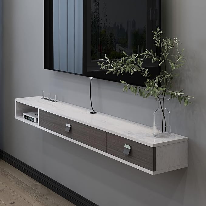 Pmnianhua Floating TV Shelf,70'' Wall Mounted Floating TV Stand Unit Media Console Wall TV Console Cabinet Media Entertainment Shelf with 2 Doors for TVs up to 75 inch (Greyish-White)
