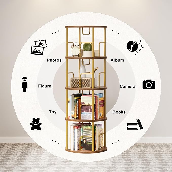 4 Tier Rotating Bookshelf, 360 Display Spinning Corner Bookshelf, Space Saving Metal Frame Bookcase for Living Room, Office, Bedroom, Gold