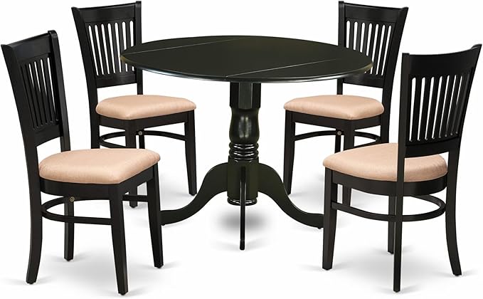 East West Furniture DLVA5-BLK-C 5 Piece Dining Table Set for 4 Includes a Round Kitchen Table with Dropleaf and 4 Linen Fabric Upholstered Dinette Chairs, 42x42 Inch, Black