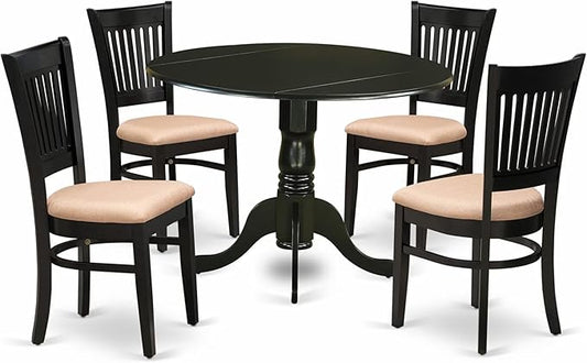 East West Furniture DLVA5-BLK-C 5 Piece Dining Table Set for 4 Includes a Round Kitchen Table with Dropleaf and 4 Linen Fabric Upholstered Dinette Chairs, 42x42 Inch, Black