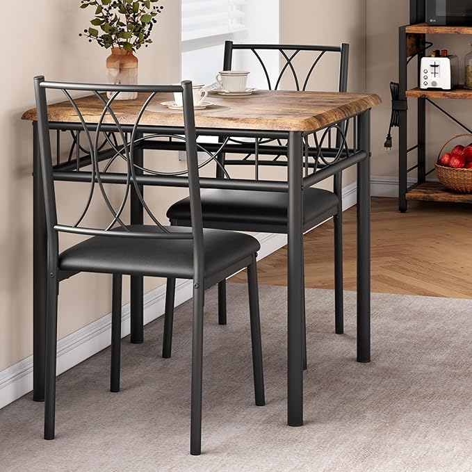 GarveeHome Small Dining Table Set for 2, Square Table and Chairs Set of 2, 3 Piece Kitchen Table Set of 2 with Upholstered Chairs, Dinner Table Set for 2 for Small Spaces, Apartment, Rustic Brown