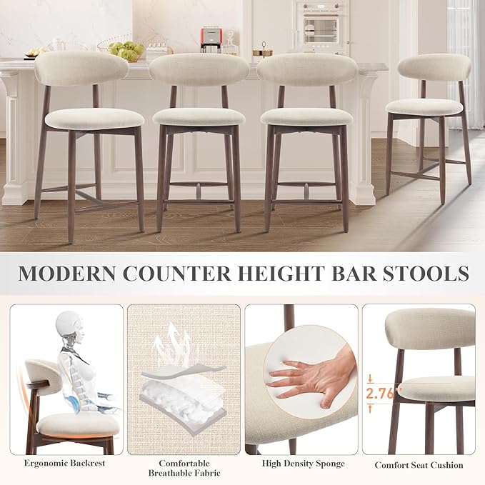 Upholstered Counter Height Bar Stools Set of 6, Kitchen Island Stools with Back, Modern Counter Stools Island Bar Chairs with Wood Legs for Kitchen Island Dining Room Bar, Beige