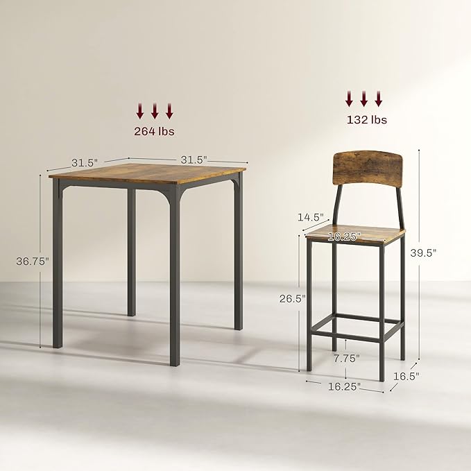 HOMCOM 3-Piece Counter Height Bar Table with Space-Saving Design, Square Kitchen Table and Chairs Set with Footrest, Metal Legs, Industrial Dining Table Set for 2, Rustic Brown and Black