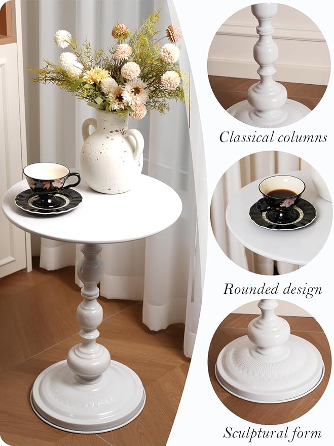 Side Table - 13.8" Round Small Accent Table with Metal Base, Multifunctional Vintage Coffee Table for Living Room, Bedroom, Office & Patio - Elegant Matte-Finished End Tables