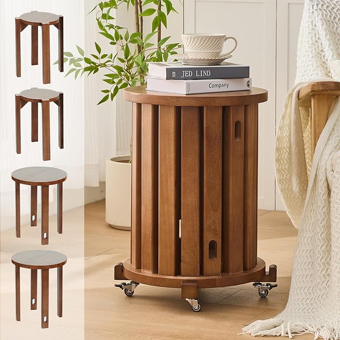 CozyDH 4-in-1 Nesting Side Tables, Stackable Stools Set of 4, Wooden Round End Table with Wheels, Small Coffee Table Nightstand for Bedroom Living Room, Walnut