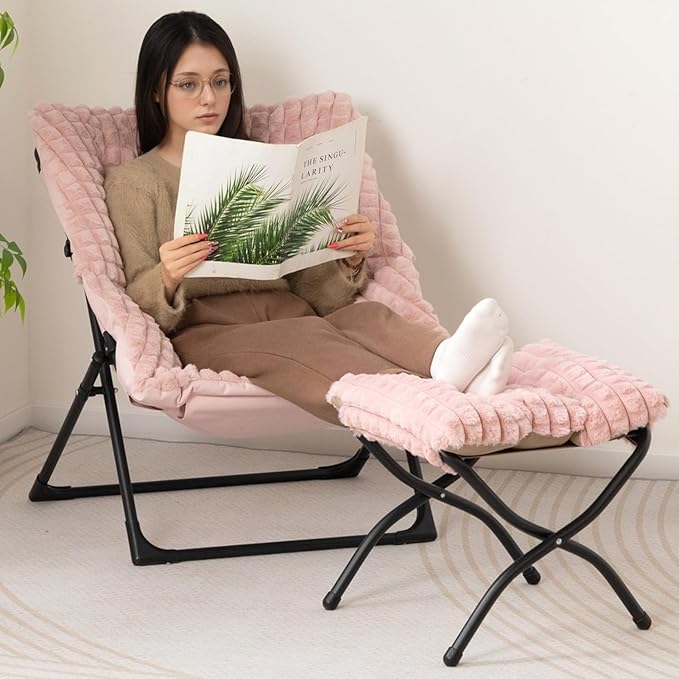 HollyHOME X-Large Saucer Chair with Foldable Ottoman, Comfy Oversized Folding Chair and Folding Footrest Stool Set, Faux-Fur Reading Chair and Footstool for Living Room, Bedroom, Pink Chair&Stool
